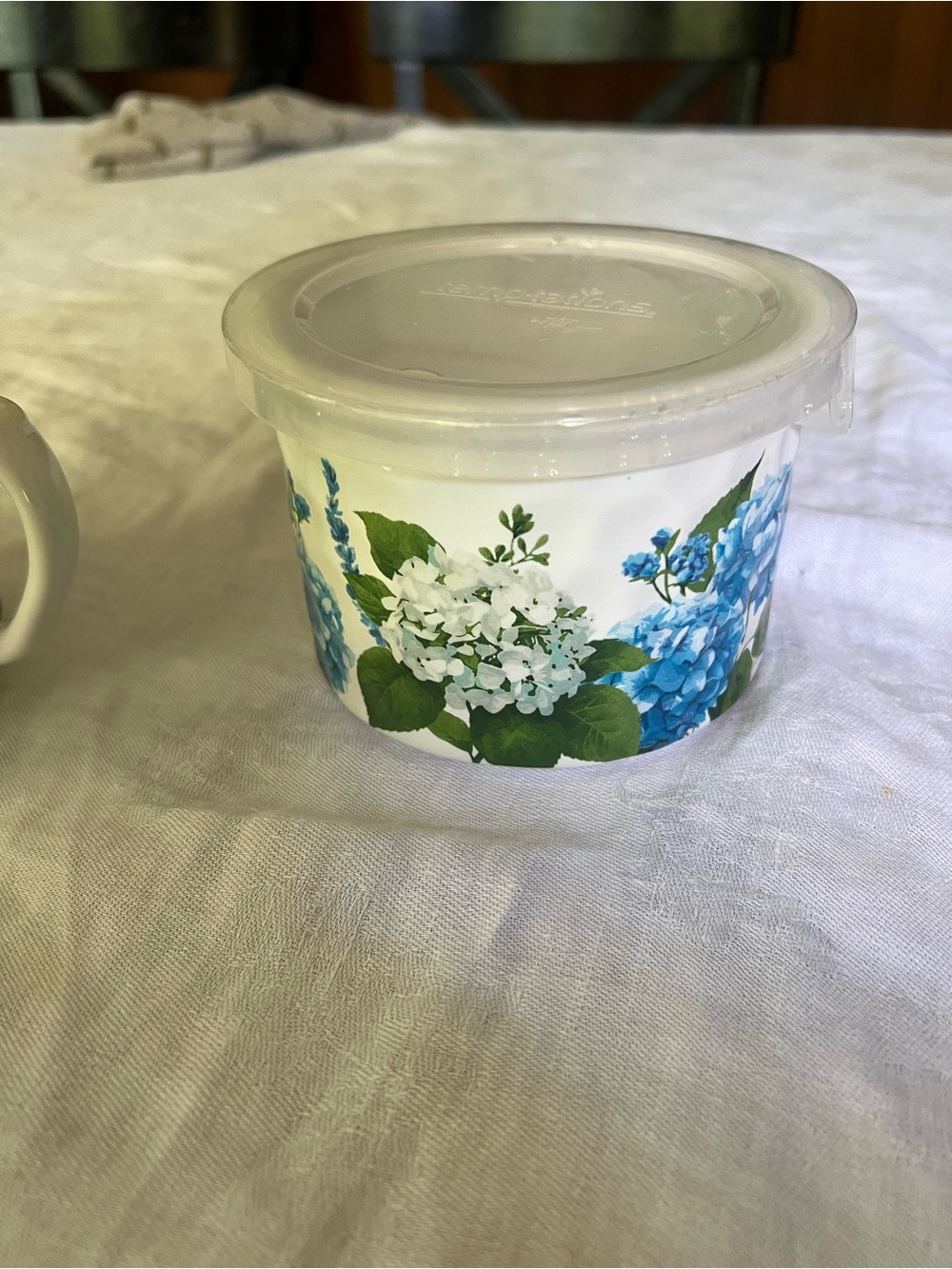 Temp-Tations White Ceramic Mug with Blue and Green Hydrangea Print